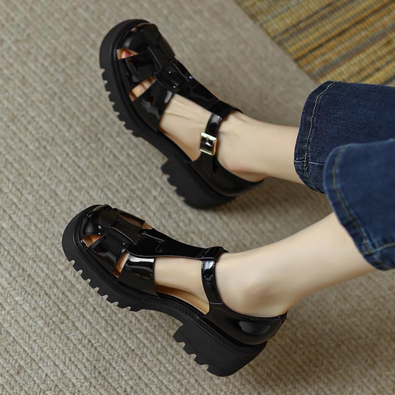 Fashionable and Versatile Baotou Thick-Soled Roman Shoes 2025 Spring and Summer New Thick Heel Medium Heel Cut Out Woven Sandals for Women