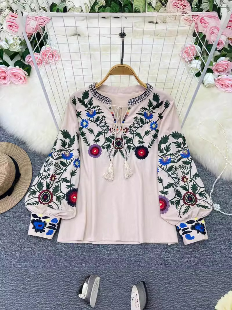 Spring and Autumn Retro Ethnic Style Elegant Long Sleeve Round Neck Pullover Embroidered Loose Shirt Women's Western Style Doll Shirt Top