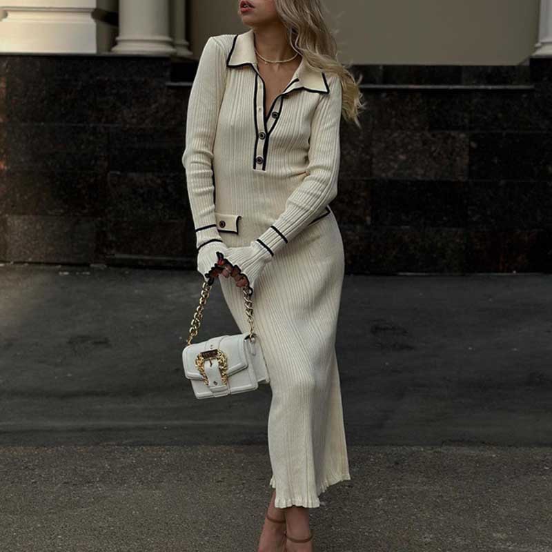 Picture of European and American Light Luxury Ruffled Knitted dress New Autumn Mid-length Dress Lapel Trumpet Sleeve Tight Sweater Dress