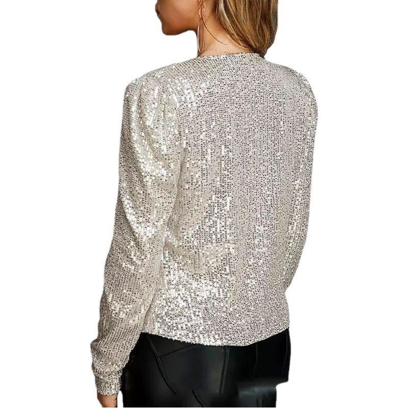 Picture of 2025 Cross-Border Women's Spring European and American Fashion Round Neck Pure Color Sequined Short Outwear Casual Versatile Small Outwear