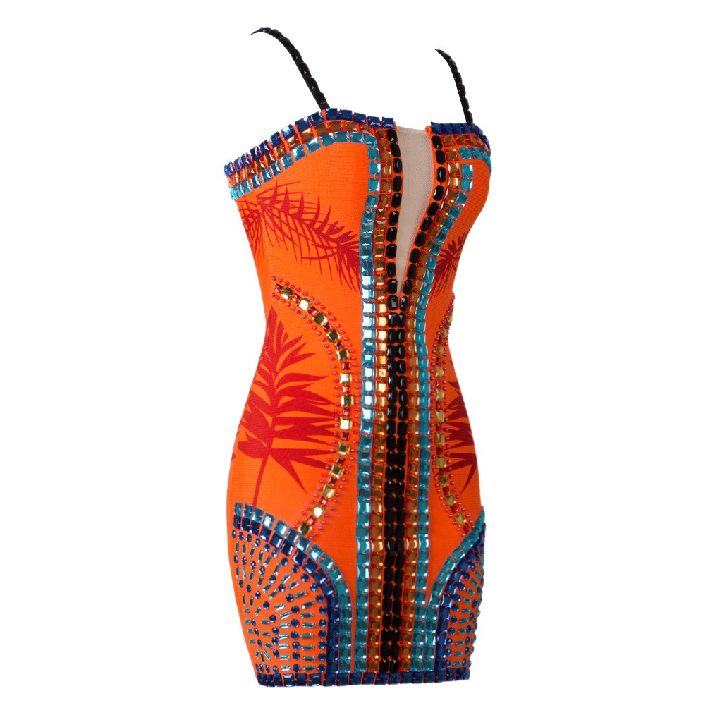European and American Star Fashion Sexy Heavy Industry Bead Printing Mesh V-Neck Sling Tube Top Backless Bandage dress