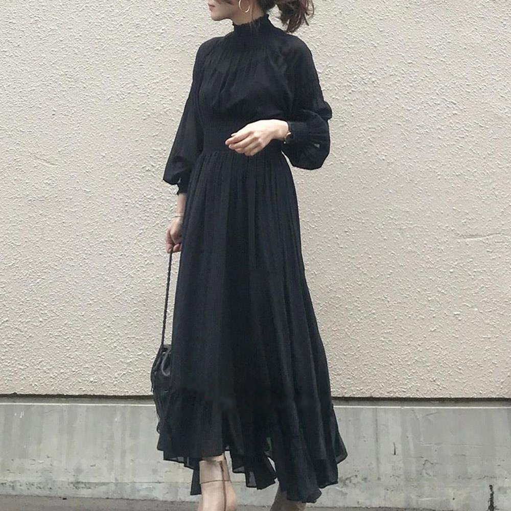 in stock South Korea 2024 autumn new temperament high collar ruffled dress dress