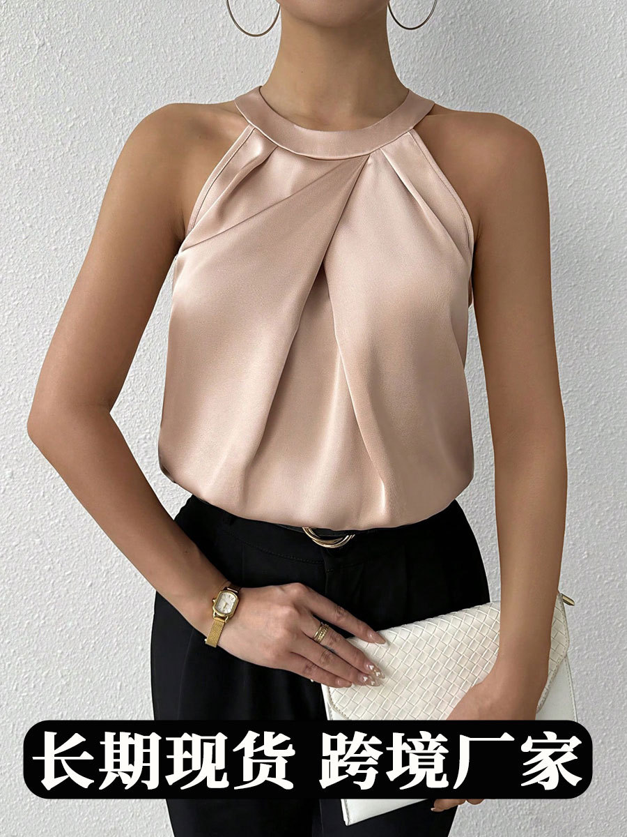 European and American women's high-end foreign trade satin shirt women's summer new satin Amazon shirt wholesale top