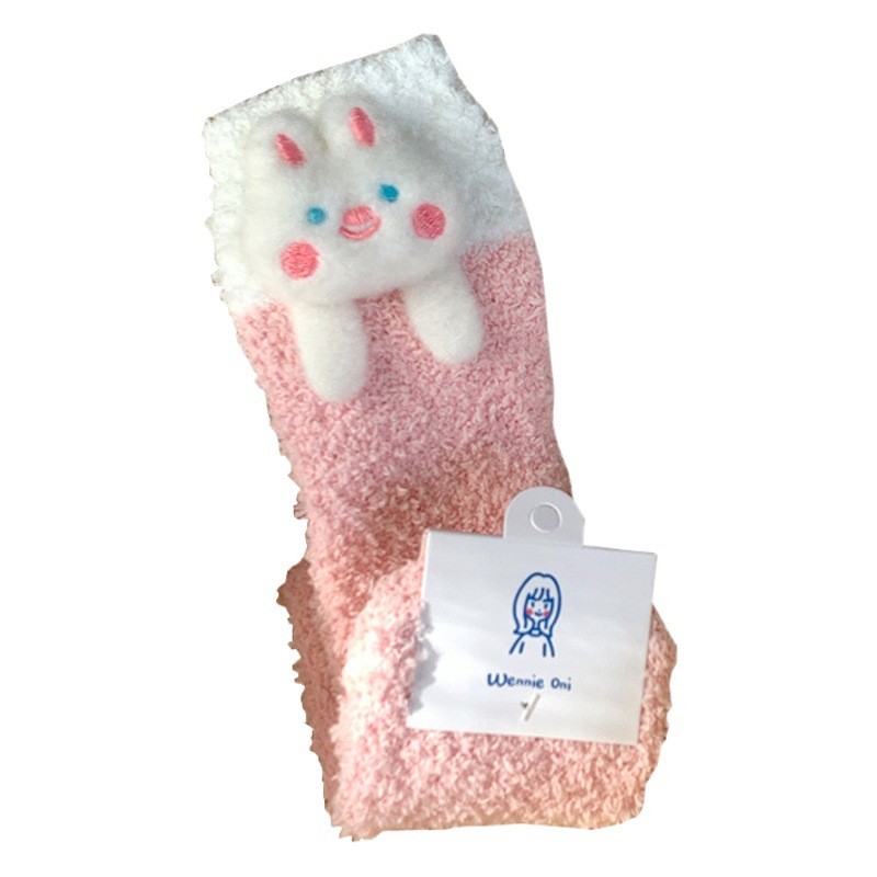 Cute Coral Fleece Socks Women's Three-dimensional Cartoon Doll Winter fleece-lined Thickened Warm Postpartum Home Sleep Socks