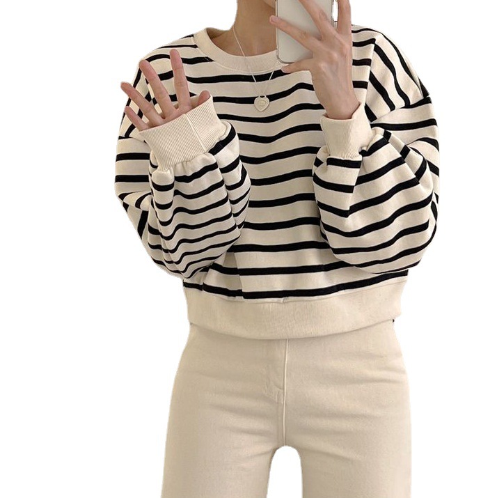 Picture of 3 Color Striped Sweater Women's 2023 New Short Women's Loose Autumn and Winter Thickened Fleece-Lined Top Thin Korean Style