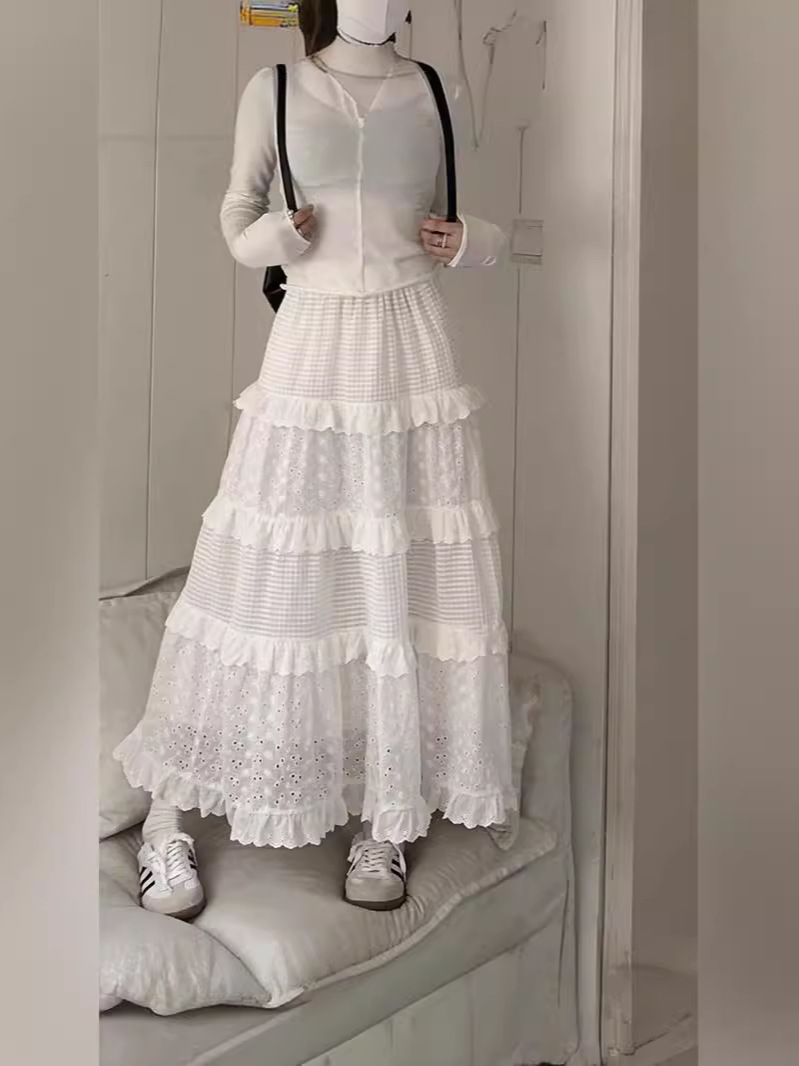[length true 88CM, 3 standard, in stock] 2024 new skirt white crochet high waist A- line skirt egg
