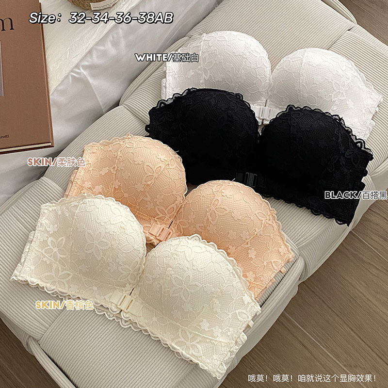 2024 New Palm Cup double front buckle push up chest display underwear half cup strapless Beauty back bra foreign trade cross-border