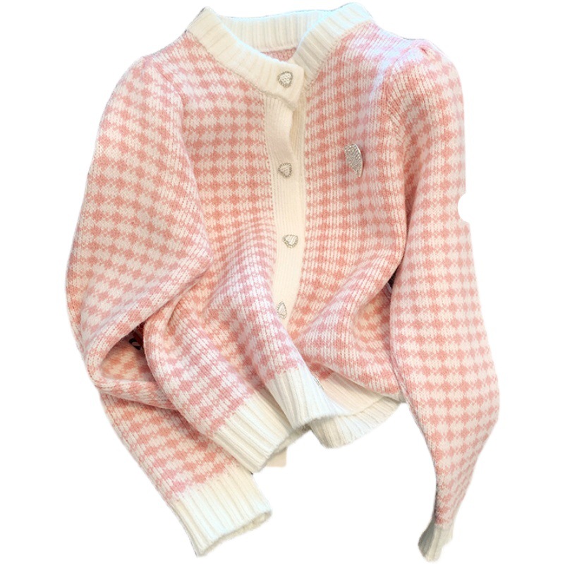 Chanel Style Houndstooth Sweater Women's Lazy Style Knitted Cardigan Jacket 2024 Spring and Autumn New Style Milk Style Soft Girl Top