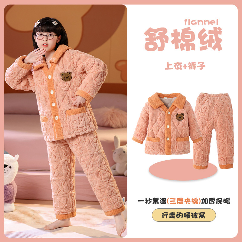 Picture of Children's Three-Layer Quilted Pajamas Winter Flannel fleece-lined Thickened Boys' Girls' Baby Warm Home Clothes suit