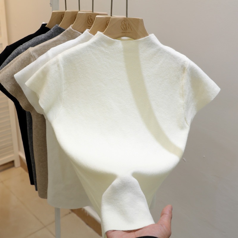Original Core-Spun Yarn Half-Turtleneck Short-Sleeve Women's Knitted Base Shirt with a Sense of Design and White Slim-Fit Top