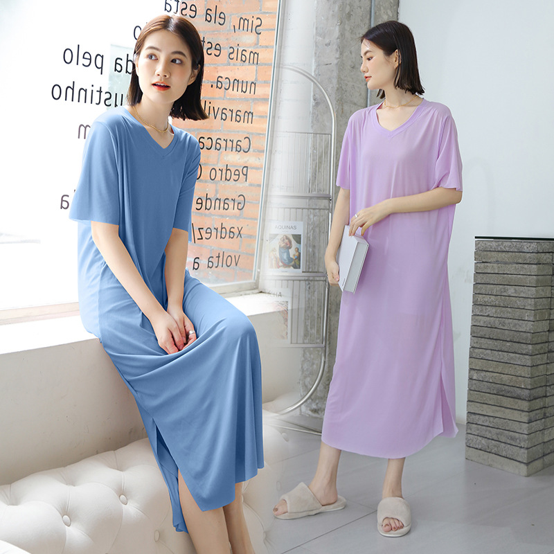 Summer Japanese dress Pullover Long Ice Silk Split V-Neck Loose Short Sleeve