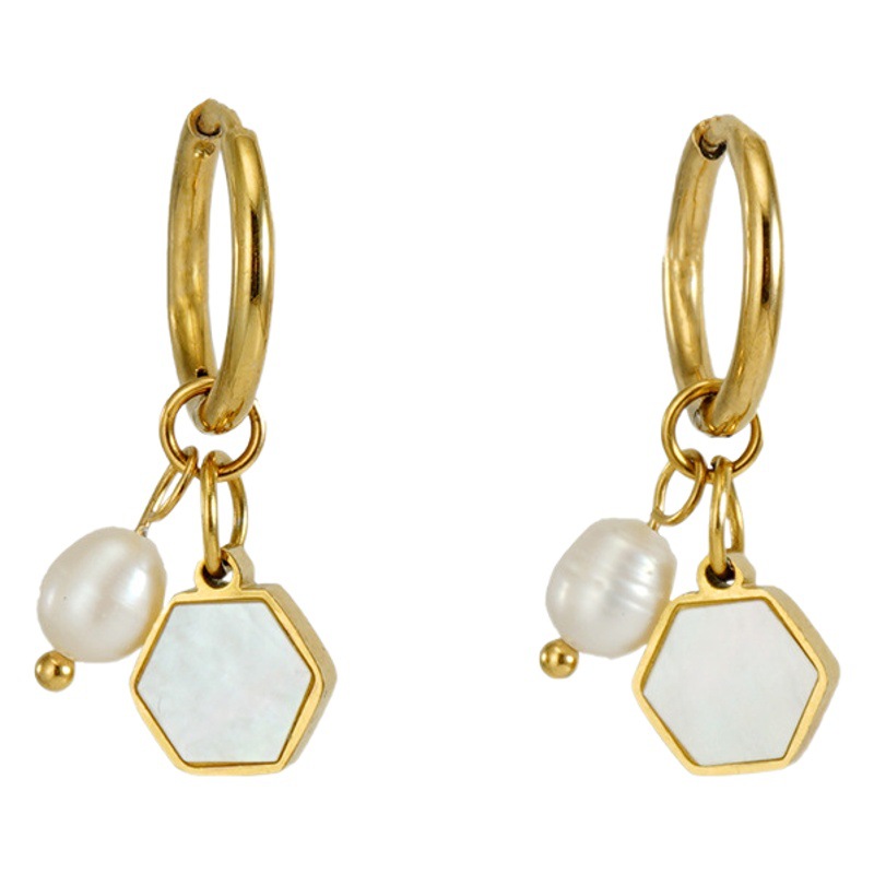 ins style European and American new fashion stainless steel pearl earrings hexagonal personality all-match temperament titanium steel women's style