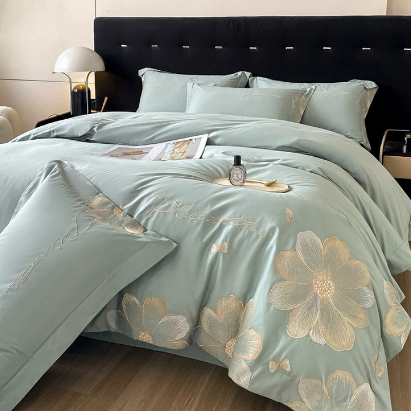 New 60S Xinjiang Long-Staple Cotton Bed Bed Sheets Four-Piece Set Pure Color Accessible Luxury Embroidered Quilt Cover Bedding