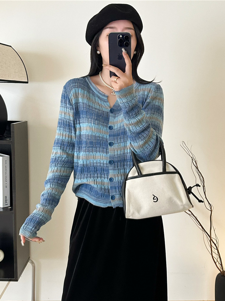 Picture of Spring and Autumn Contrast Color Striped Color Knitted Cardigan Top Women's New Casual Loose Hollow Bottoming Top Sun Protection Shirt