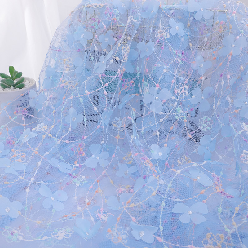 Picture of Rainbow Rope Embroider 3D Stereo Same Color Flower Mesh Fabric Embroider Children's Clothing Dress Accessories Embroider Fabric