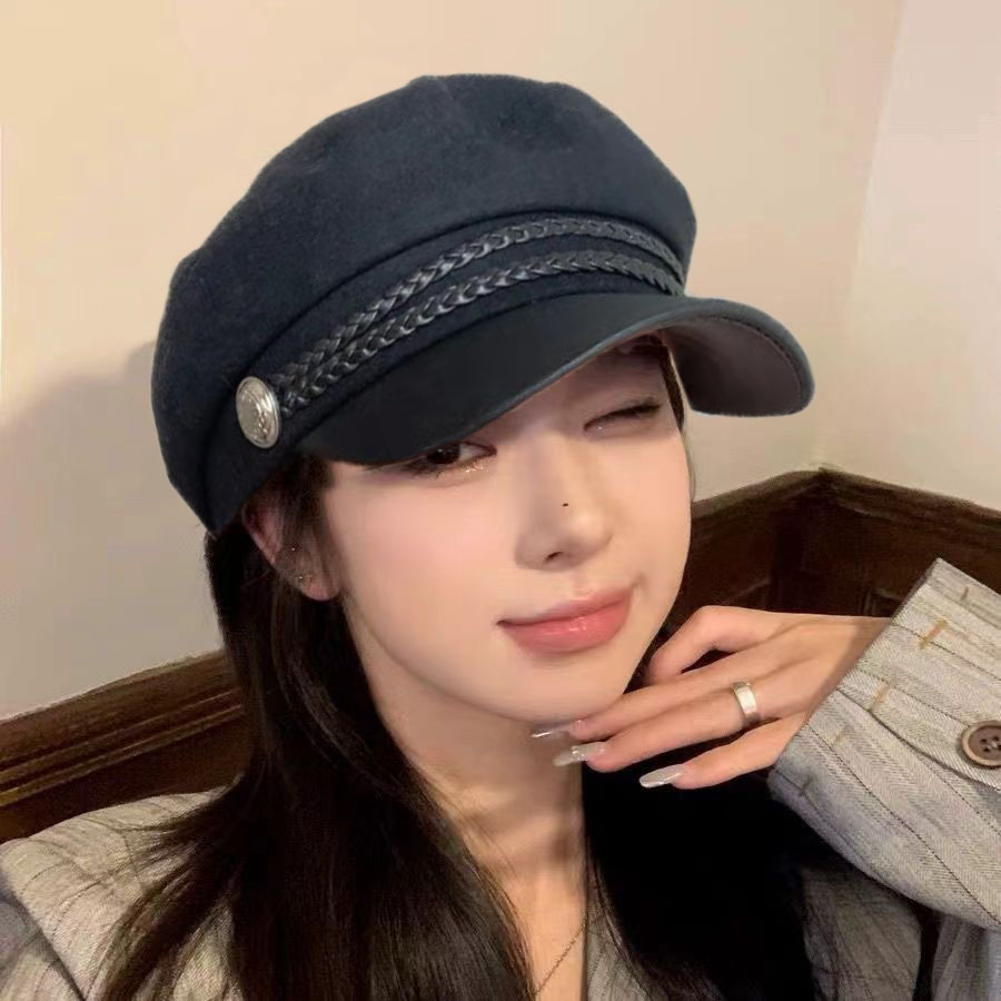 Picture of Korean Leather Beret Women's Autum Korean Style Student Cute Versatile Pu British Style Octagonal Hat Pumpkin Hat