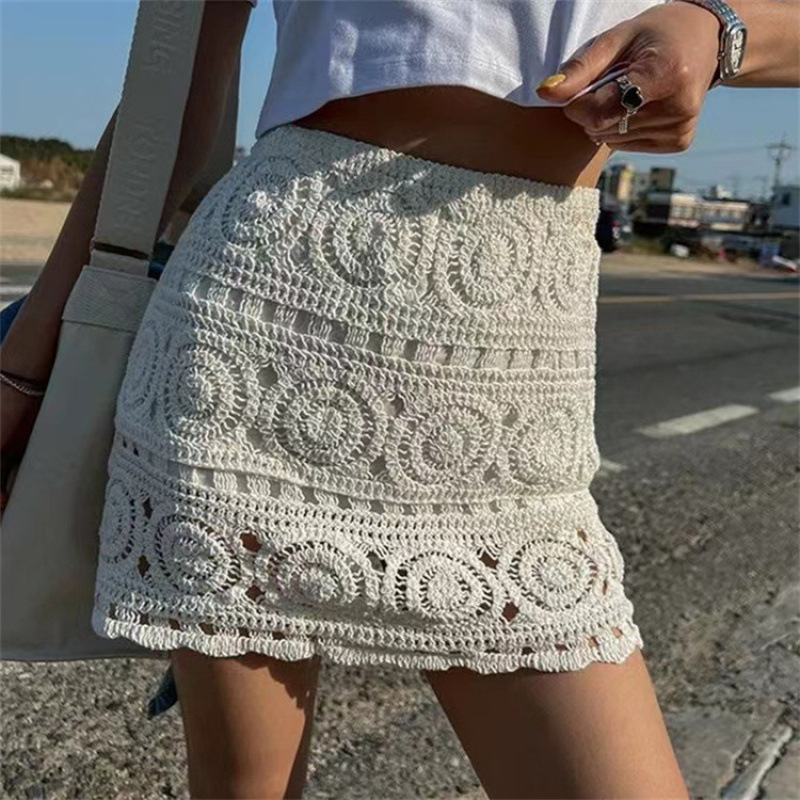 Korean-style Niche Sexy Loose Hollow Crochet High Waist Arm Skirt Women's Design Seaside Vacation All-match A- line Skirt