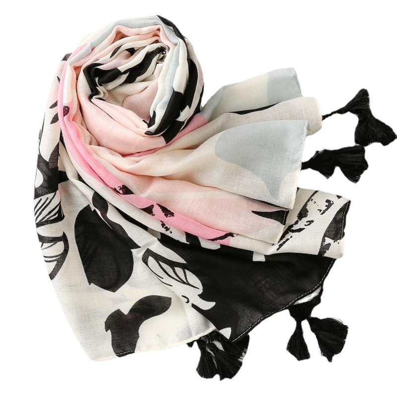 Yitao scarf tropical plant flower print cotton and linen feel herringbone beach towel long hanging tassel shawl for women