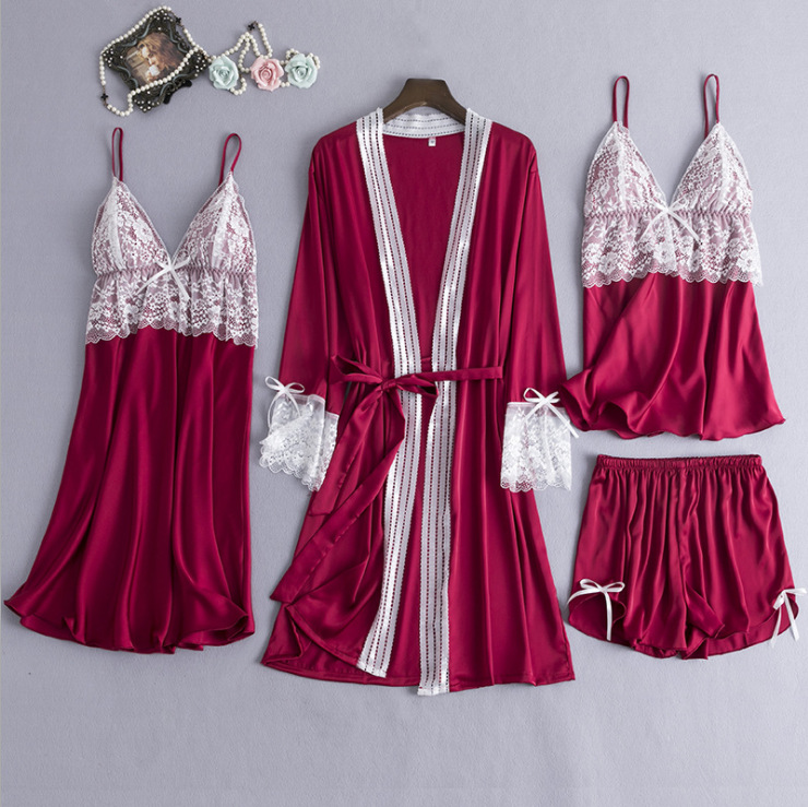 Foreign trade explosions Europe and the United States large size sleep four-piece set imitation silk elastic satin water soluble flower home pajamas manufacturers wholesale