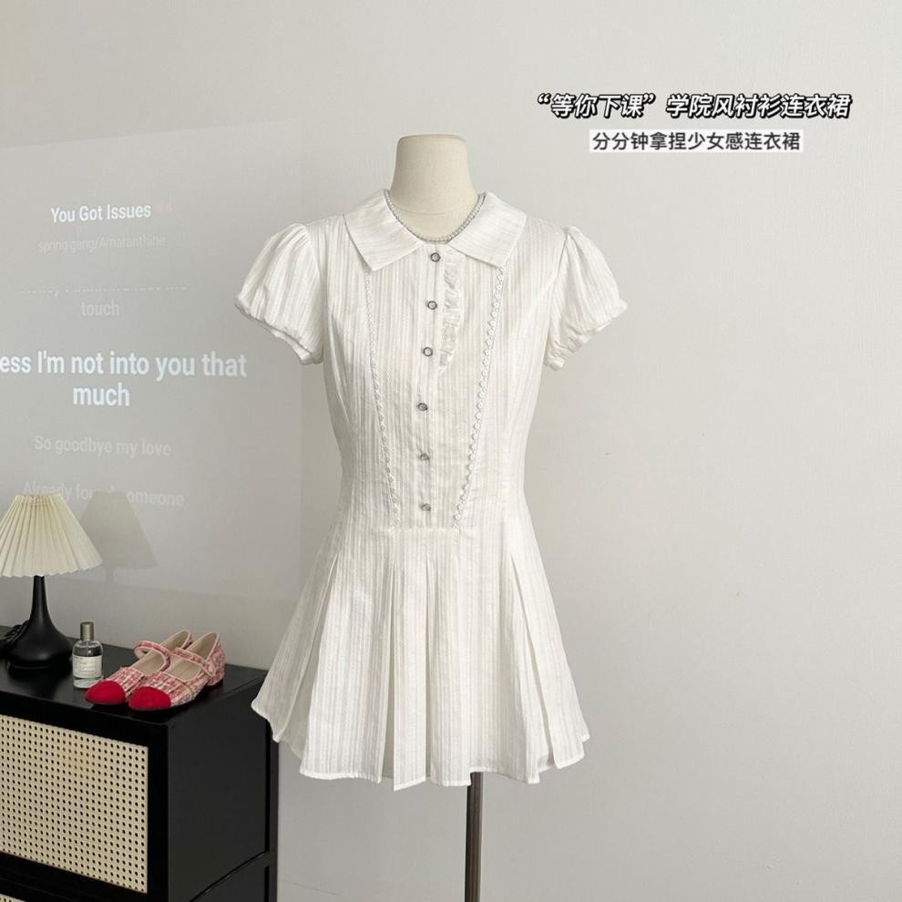 Baby Doll Collar Waist Dress 2024 New Design Elegant Age-Reducing A-Line Skirt Short-Sleeved Long-Sleeved Shirt Skirt