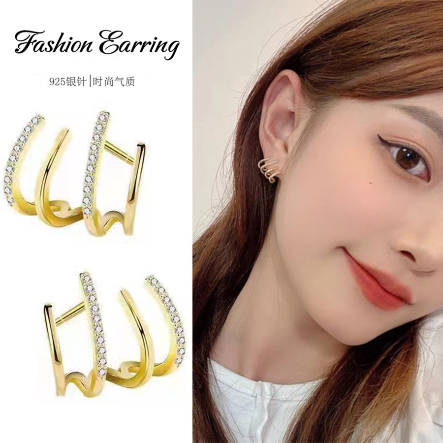 S925 Silver Needle Simple Metallic Arc Diamond Geometric Earrings Women's South Korea Fashion All-match Elegant Ear Jewelry
