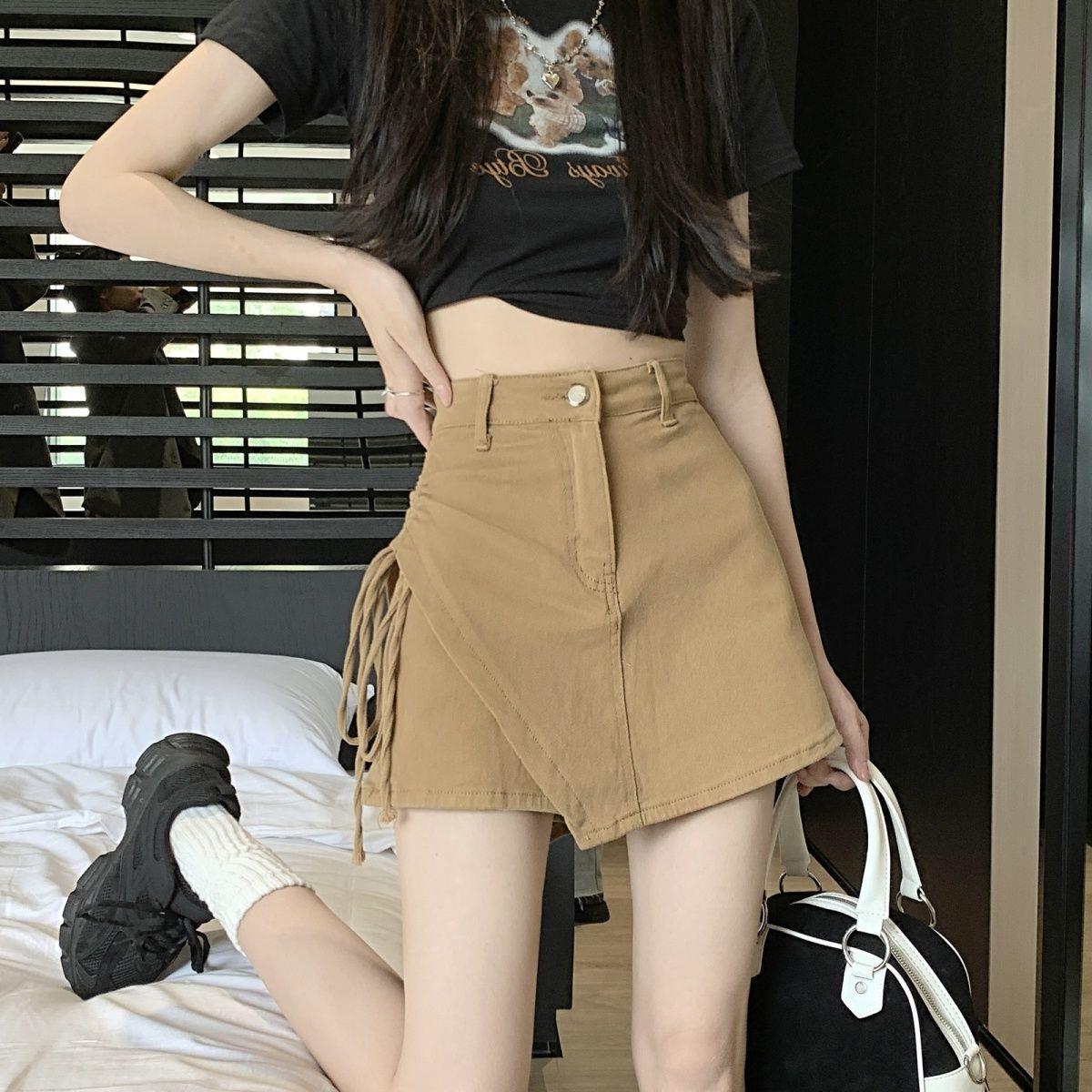 2024 Summer New CAsuAl A-line Niche Design Sense DrAwstring Denim Skirt EAsiest for MAtch Slimming ElAstic Hot Shorts Skirt