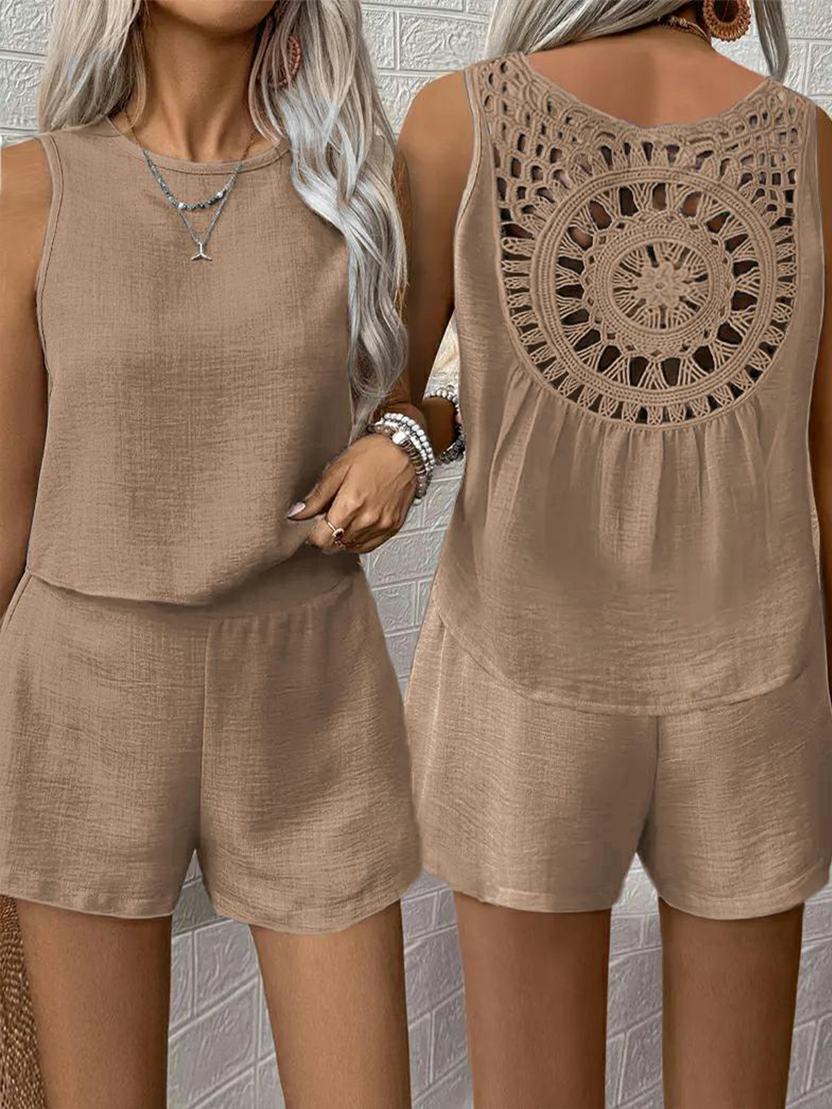 Cross-Border European and American Foreign Trade Women's Clothing New Amazon Fashion Hollow Lace Vest Solid Color Casual Shorts Suit for Women