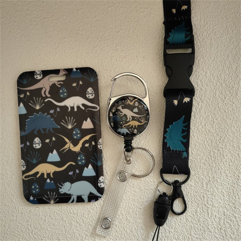 Picture of dinosaur polyester removable lanyard uv double-sided printing card sleeve retractable easy pull buckle printable logo