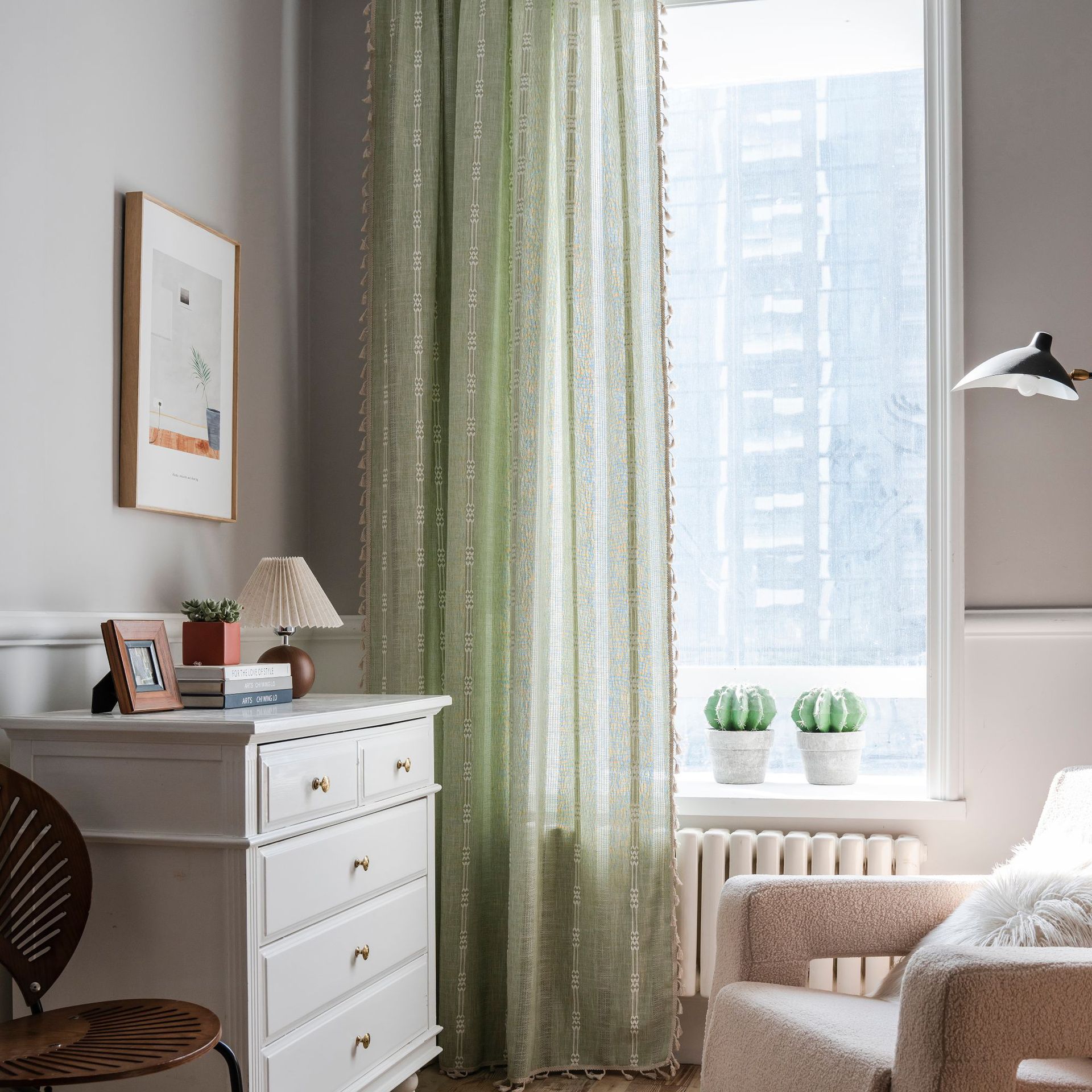 Picture of Yuman Qiyun Curtain Finished Green Plain Stripe Embroidered Curtain Semi-Shaded Hollow Kitchen Living Room Window Curtain