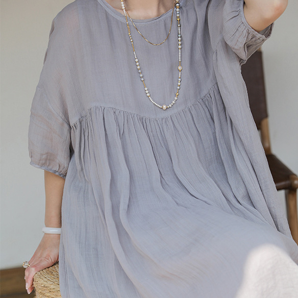 Picture of 2024 New Cotton and Linen Cross-border Loose Pleated Solid Color Round Neck Short-sleeved Women's dress