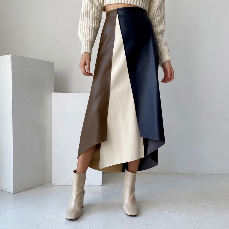French chic retro elegant multi-color stitching leather skirt spring and autumn women's A- line skirt high-end mid-length skirt