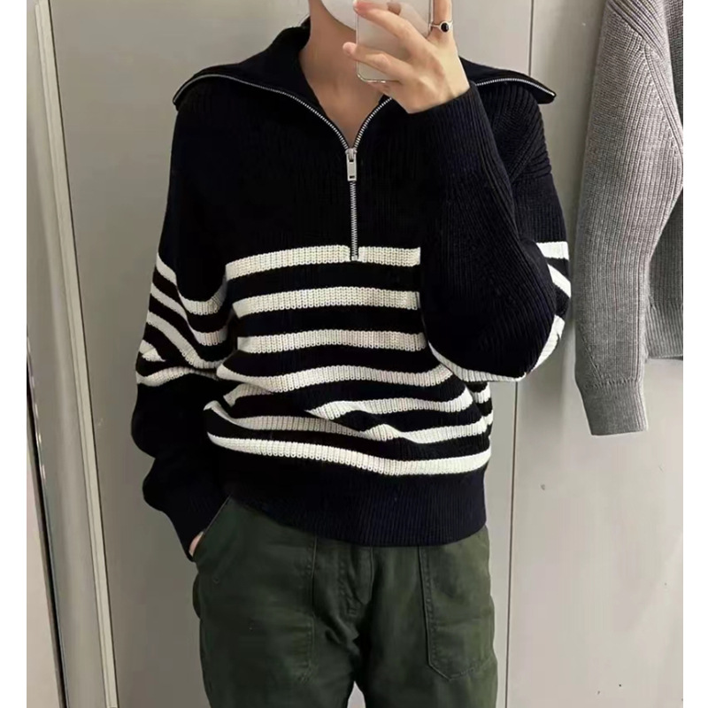 Large Lapel Sweater Women's Half Zipper Turtleneck Striped 2024 Autumn and Winter Loose Lazy Style Pullover Wool Sweater