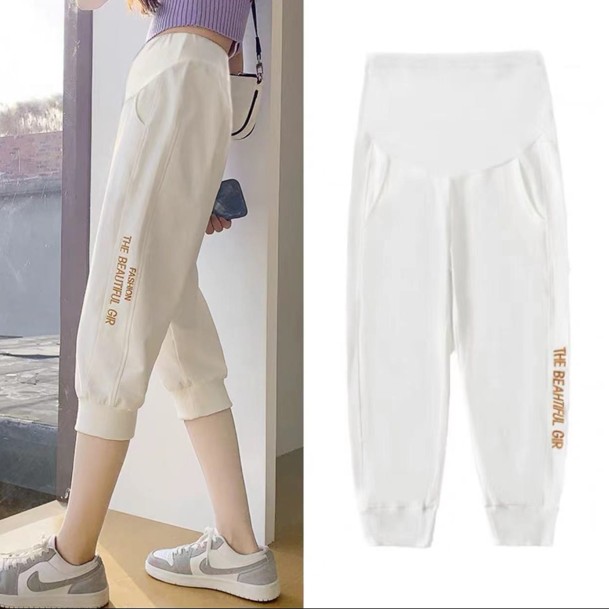 Picture of Pregnant Women's Summer Fashion Outer Wear plus size Belly-supporting Leggings Women's Pregnant Women's Pants Spring and Summer Thin Cotton Cropped Sports Pants
