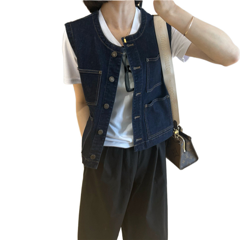 Picture of Vintage dark blue Round Neck Korean Style Short Denim Vest Women's Spring and Autumn New Arrival Styline Sleeveless Vest