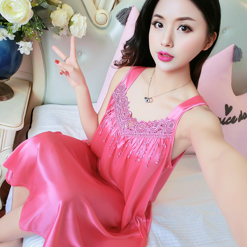 Spring and Summer Imitation Silk Nightgown Women's Pajamas Summer Ice Silk Suspender Skirt Solid Color Large Size Comfortable Home Wear