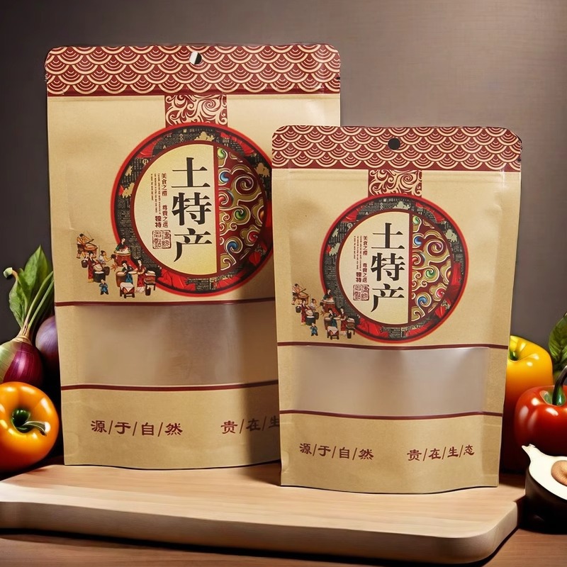 Native specialty packaging bag agaric mushroom self-sealing self-supporting sweet potato dried brown sugar dried fruit nut kraft paper window opening