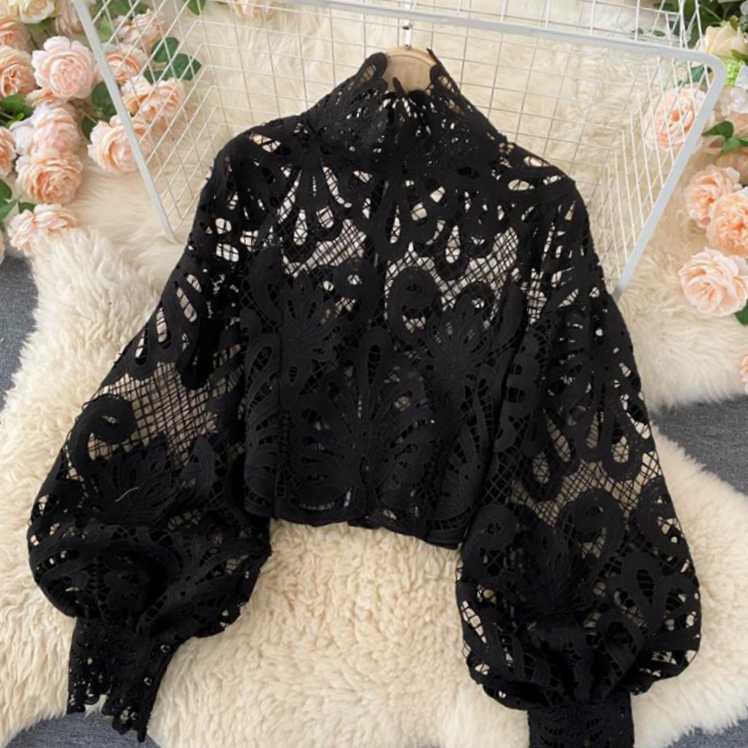 Picture of 2023 Design Sense Lace Hollow Autumn Top Standing Collar Bubble Sleeve Loose Sexy Short Shirt