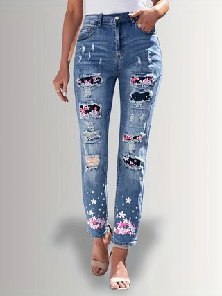 Amazon European and American New plus size Women Jeans Ripped Printing Women Jeans Trousers Women