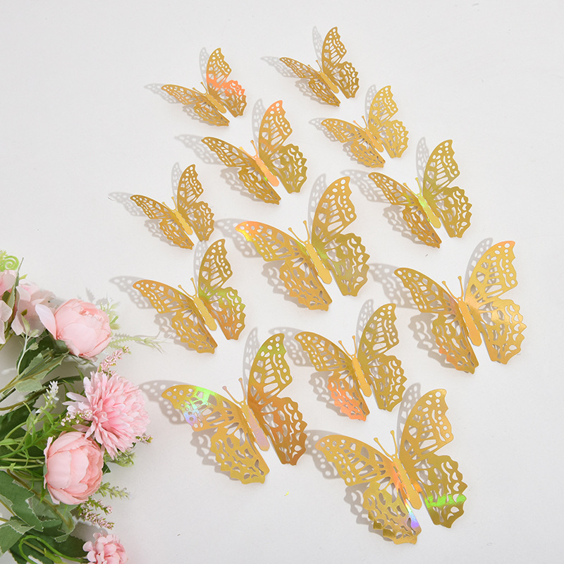 Manufacturer Wholesale 3D Butterfly Colorful Hollow-Out Three-Dimensional Wall Stickers with a Metallic Feel for Room Decoration, Light Luxury Style