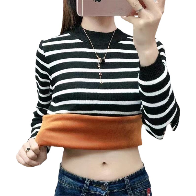 2022 composite fleece-lined gold velvet T-shirt female students thickened autumn and winter striped long sleeve half turtleneck bottoming shirt fashion