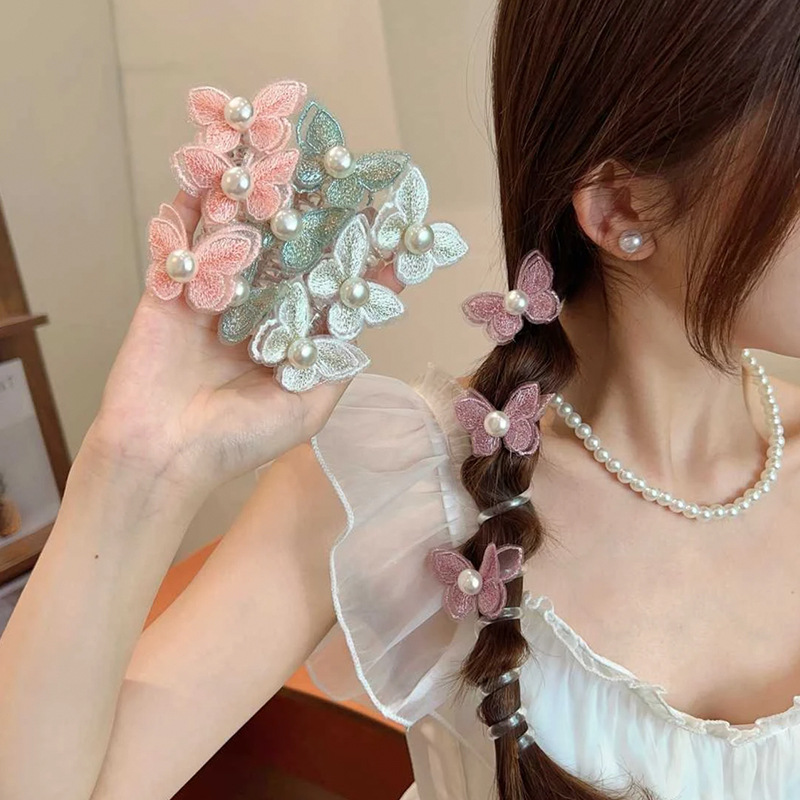 Elegant Embroidered Butterfly Large Pearl Transparent Telephone Line Hair Ring 3 Butterflies Wrap Hair Rope Parent-Child Immortal Hair Accessories