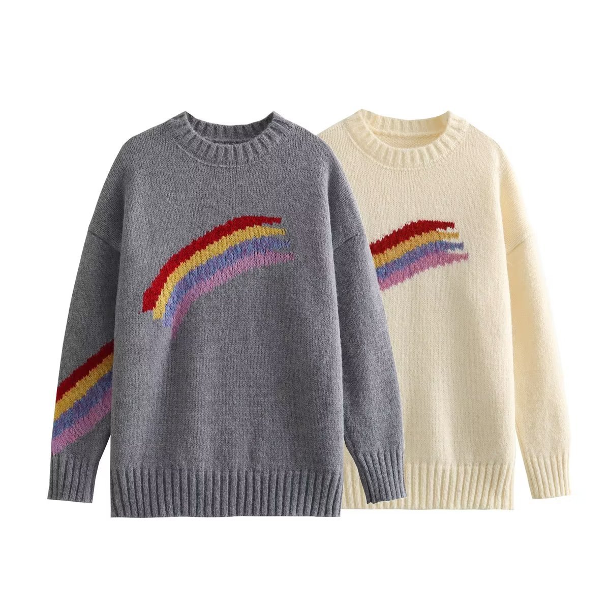 Cross-border wholesale European and American 2023 autumn and winter New Fashion casual round neck long sleeve two-color rainbow pullover sweater