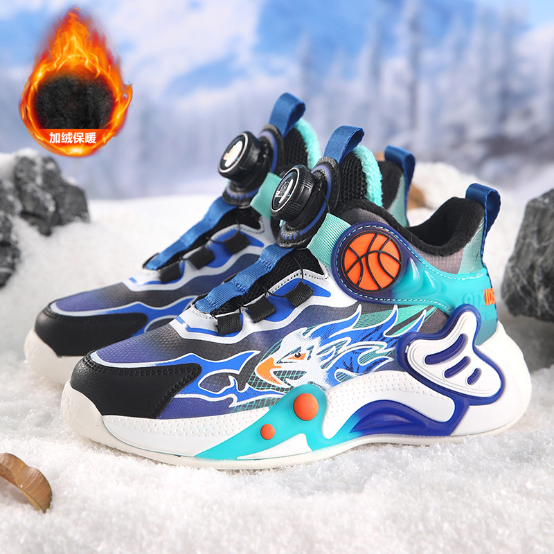 Two Cotton Autumn and Winter Leather Waterproof Children's Shoes Boys sneaker Non-slip Middle and Big Children's Rotating Buckle Student sneaker