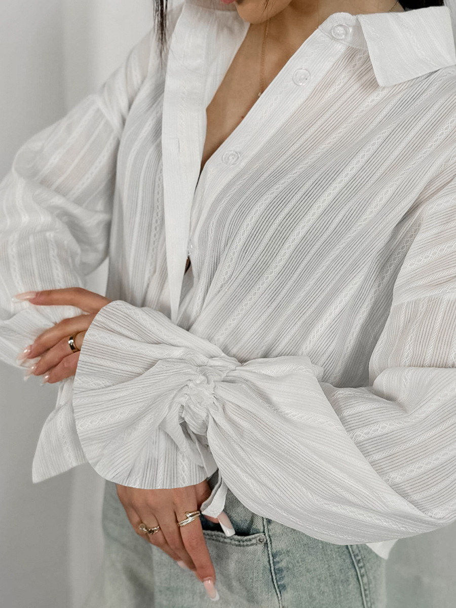 Picture of French Jacquard Pure Cotton Lapel Shirt 2025 Autum Work Clothing Loose Inner Bell Sleeve White Shirt Export Women's Clothing