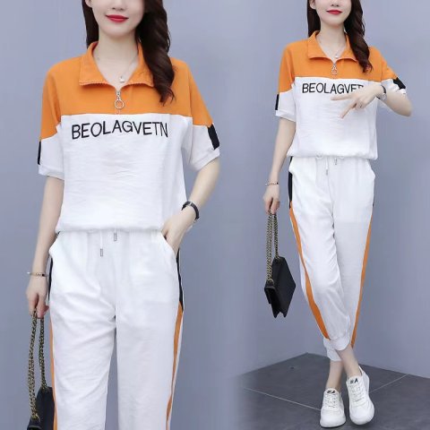 Summer New Style Chubby Sister Suit Large Size Women's Clothing Fashion Loose Casual Sports Half Sleeve Nine-point Pants Two-piece Set