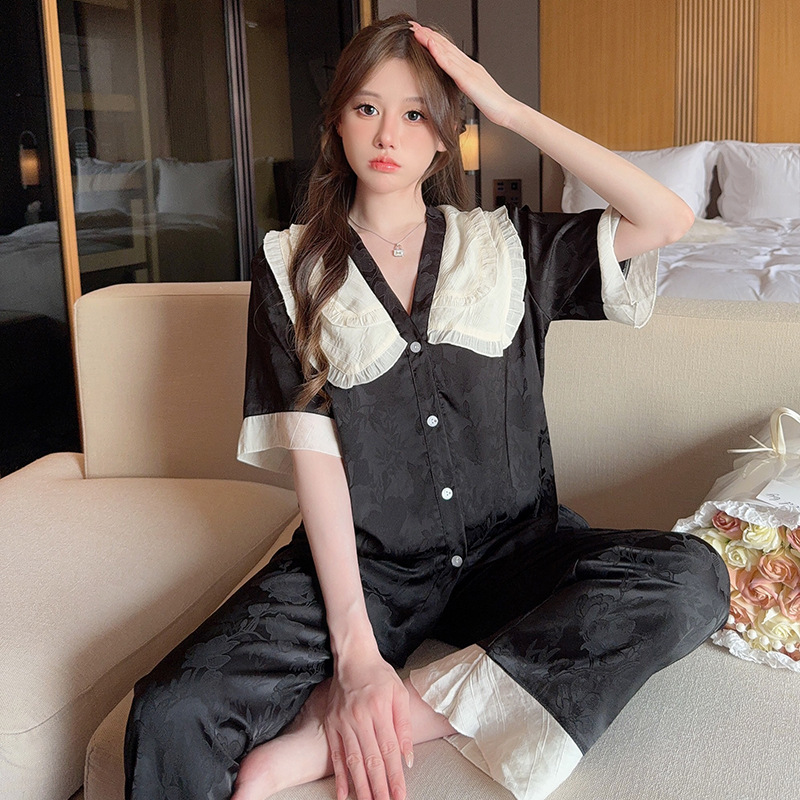 Jacquard Ice Silk Satin Pajamas suit Breathable Thin Home Clothes High-end Outwear Short-sleeved Pajamas for Women in Summer