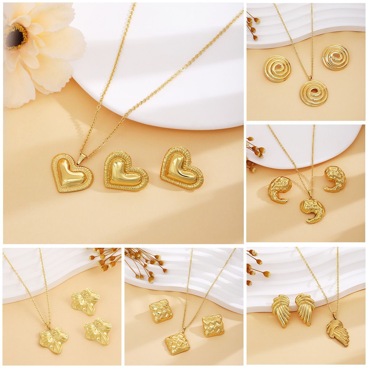 European and American Peach Heart Spiral Leaves Irregular Earrings Necklace Light Luxury High Sense Metal Fashion Elegant suit
