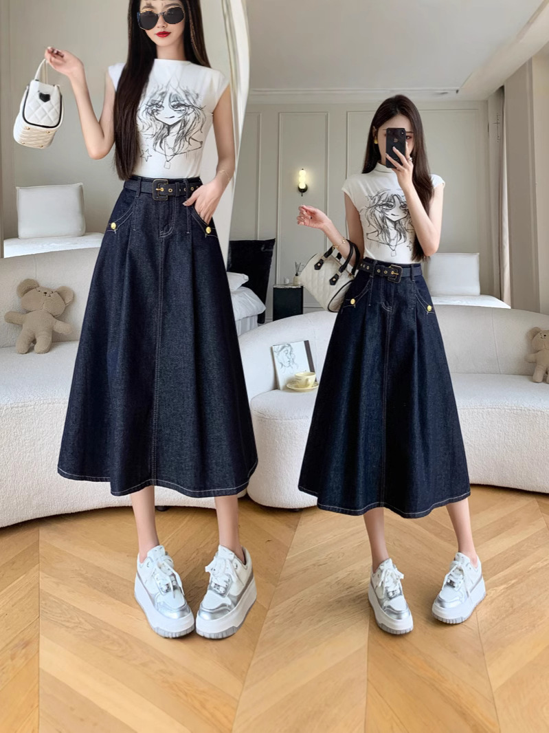Cross-border Women's Tight Waist A- line Skirt Spring and Autumn New Retro High Waist Design Sense Slimming Denim Skirt Women's Skirt
