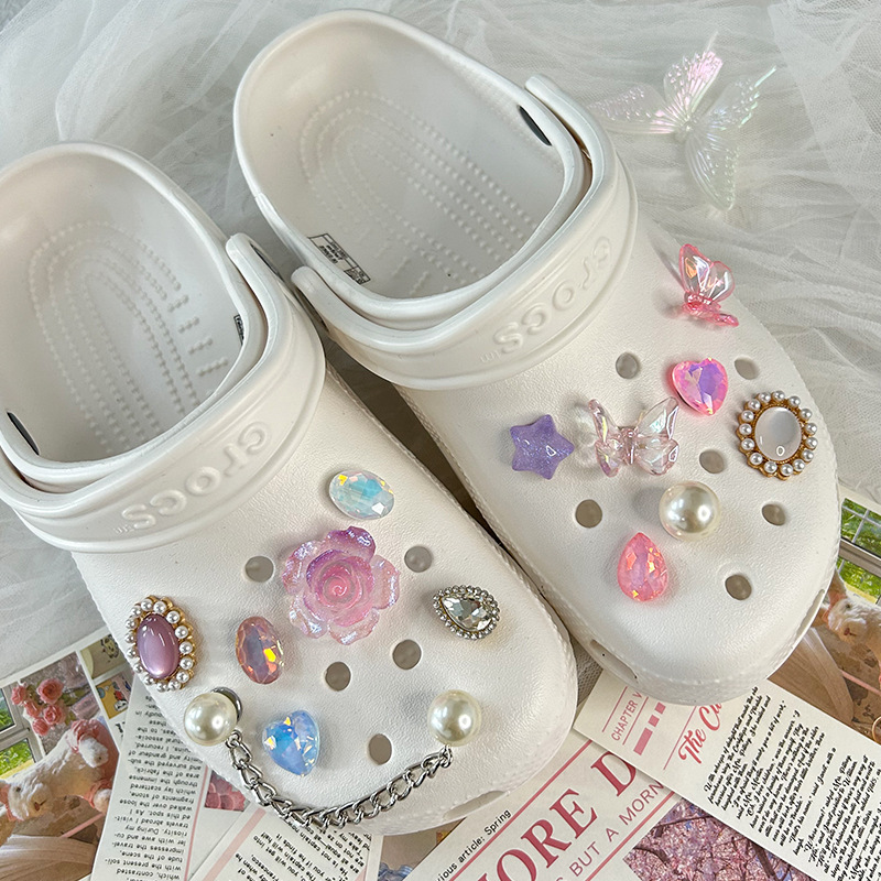 Spring and Summer New Shoe Flower Cave Shoes Accessories Imitation Crystal Flower Pearl Cave Shoe Buckle Colorful Rose Transparent Color