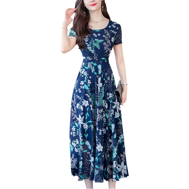 Foreign trade 2021 summer new dress women's short-sleeved elegant commuter slimming floral round neck large swing over-the-knee dress
